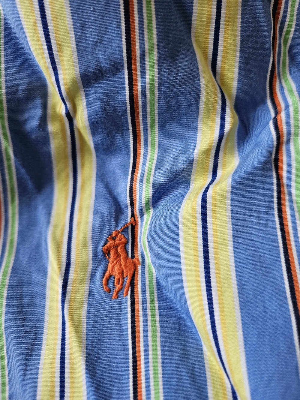 Polo-Style Blue Striped Men’s Shirt with Orange Logo